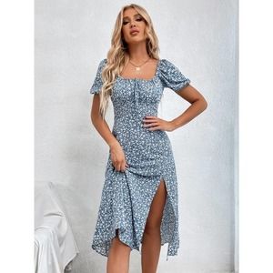 boho Floral Print Knot Front Split Thigh square neck midi Dress